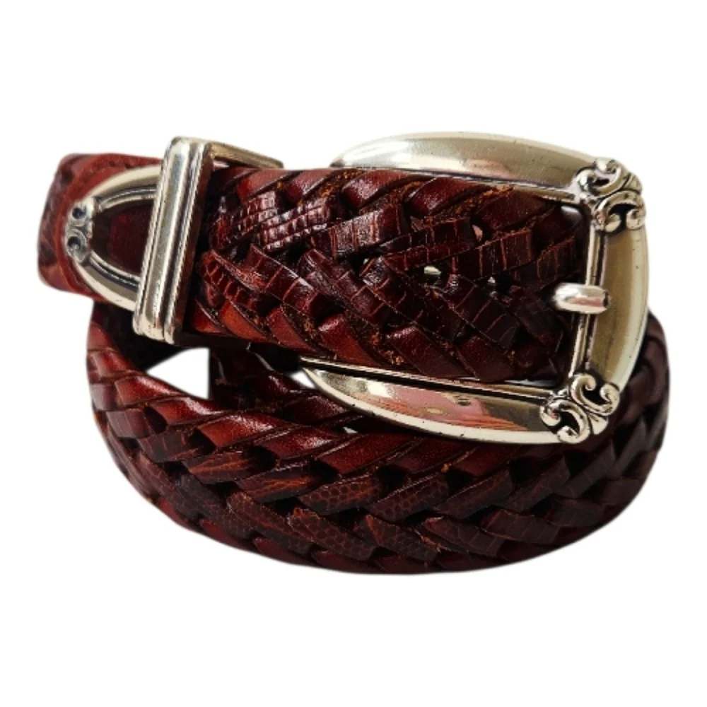 Fossil Brown Braided Leather Western Belt Silver Buckle Small